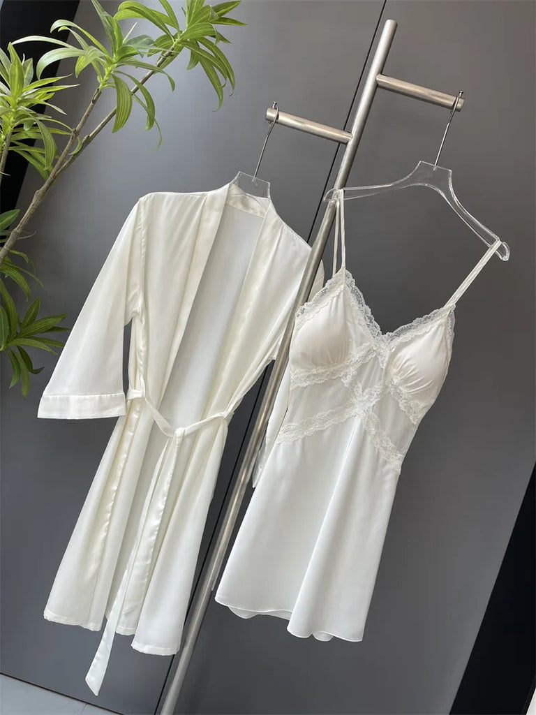Sexy Female Nighty&Robe Set Lingerie Spring Summer Bathrobe Nightgown Two Piece Set Loose Silk Satin Home Dress Lounge Wear