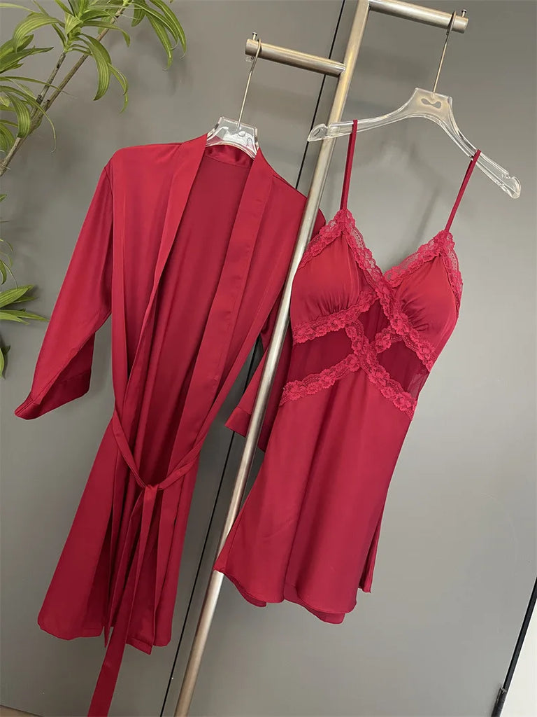 Sexy Female Nighty&Robe Set Lingerie Spring Summer Bathrobe Nightgown Two Piece Set Loose Silk Satin Home Dress Lounge Wear