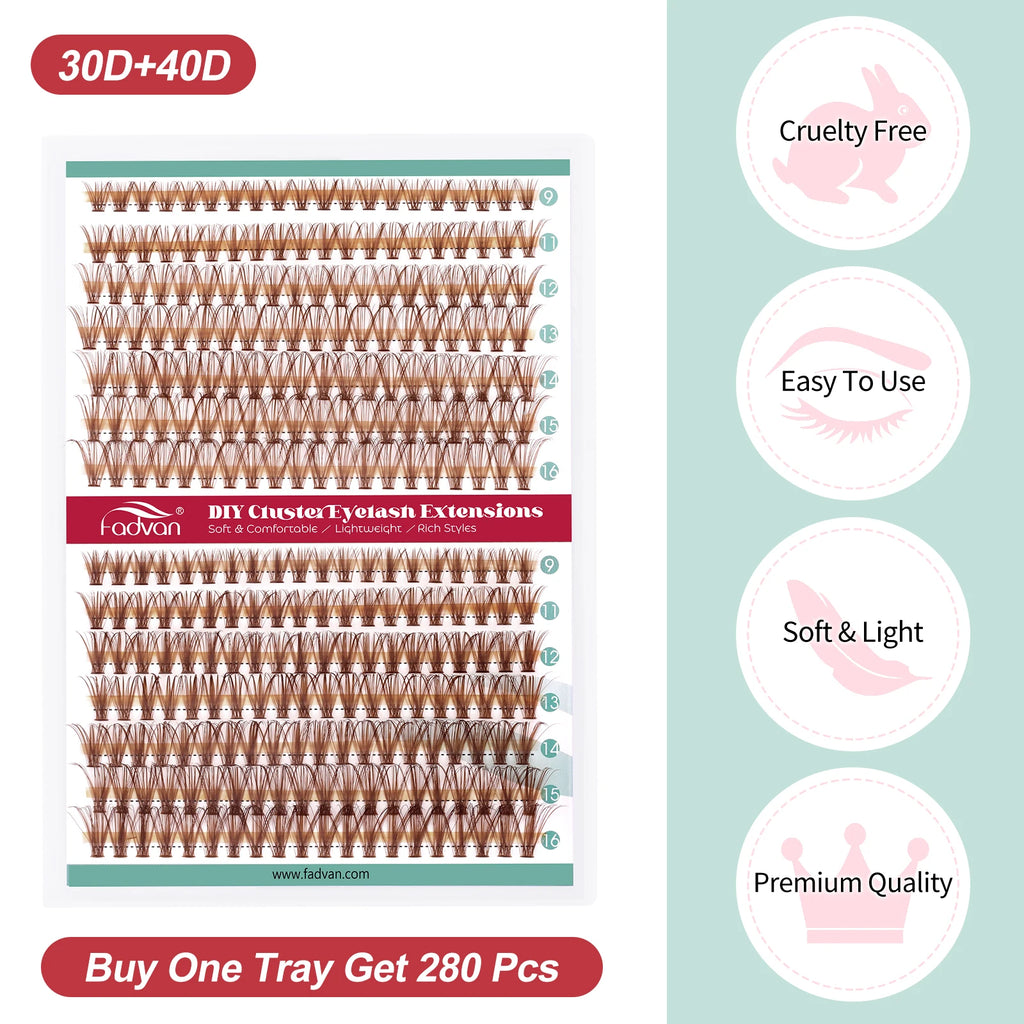 FADVAN Brown 14 Rows Diy Cluster Segmented Lash 9-16mm C/D Curl Upper Lower Fake Eyelash Professional Heat Bond Eyelashes