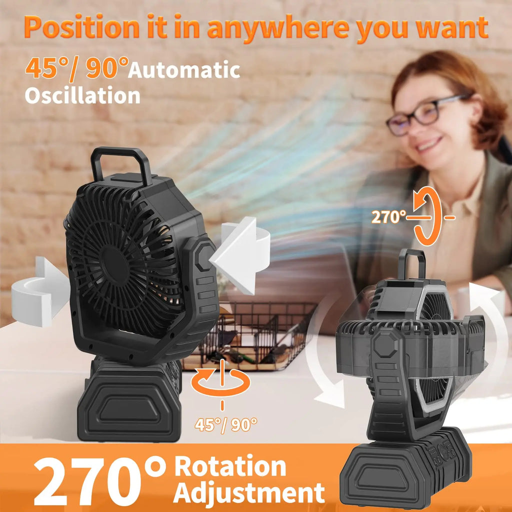 Portable USB Rechargeable Camping Fan Wireless Handheld Cooling Fan with Hook 270° Rotatable Head 10000mAh 20000mAh