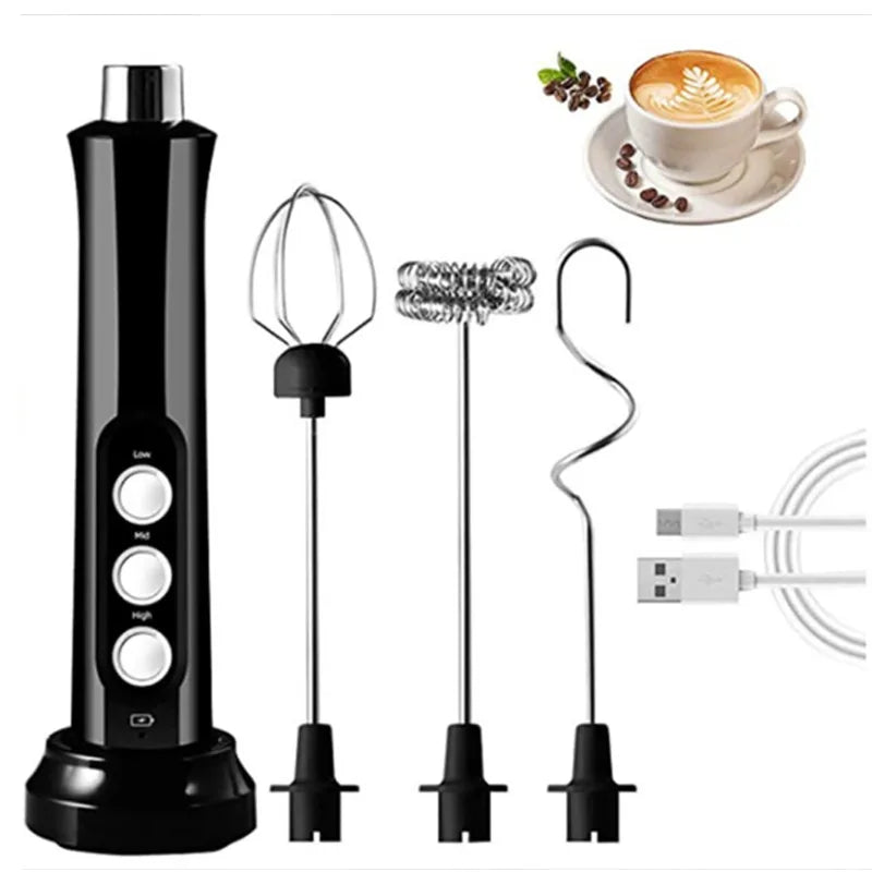 Wireless Rechargeable Electric Milk Frother - 3 Speeds, Handheld Foam Maker for Latte, Cappuccino, Hot Chocolate - USB Rechargea