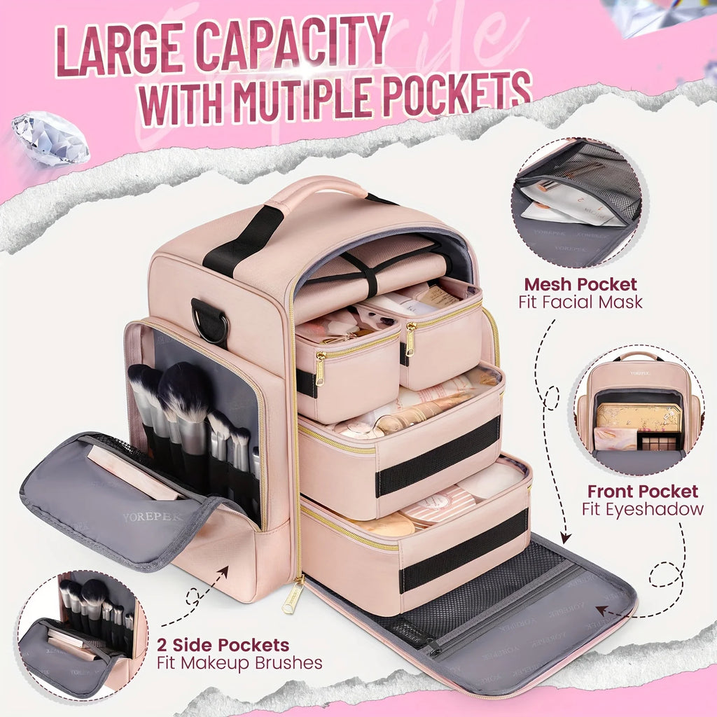 Large Travel Makeup Bag Organizer With 4 Removable Cases And 1 Jewelry Organizer Roll, Multiple Storage Pockets Cosmetic Bag