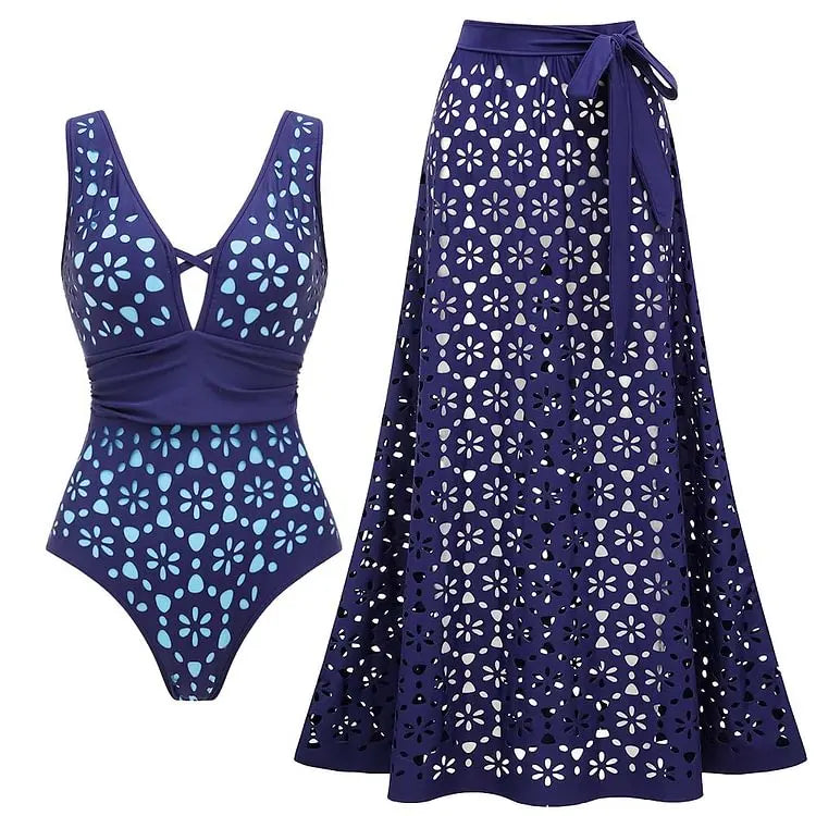 Women Bikini Set Swimsuit Sexy V Neck Solid Color Laser Cutting Flower Swimsuit Beachwear Luxury Summer Beachwear Dress