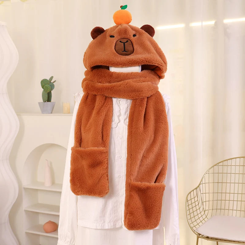 High Quality New Capybara Plush Hat Scarf Gloves 3-in-1 Elk Creative Cartoon Super Soft Warm Christmas Gift For Boys And Girls