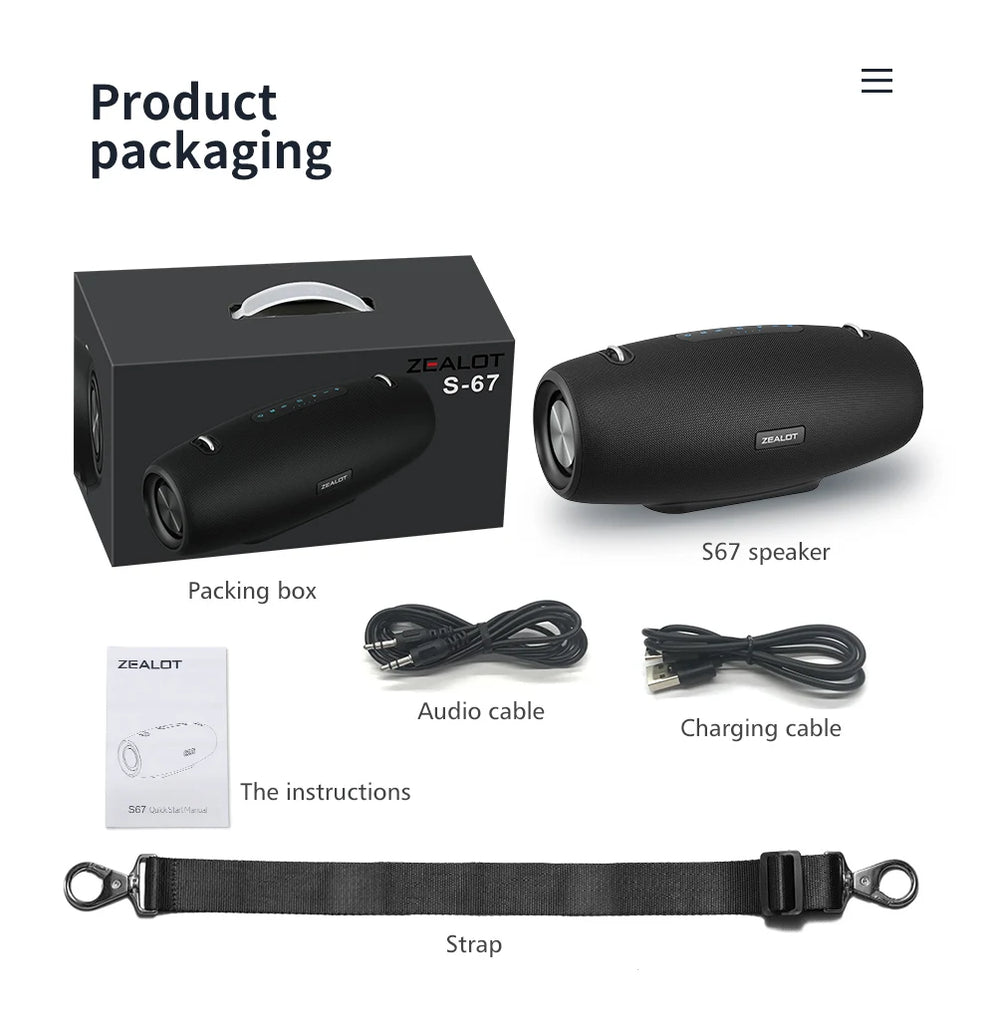 ZEALOT-S67 60W Portable Bluetooth Speaker Outdoor Party Speaker Big Loud Speaker Excellent Bass Performace Hifi speaker