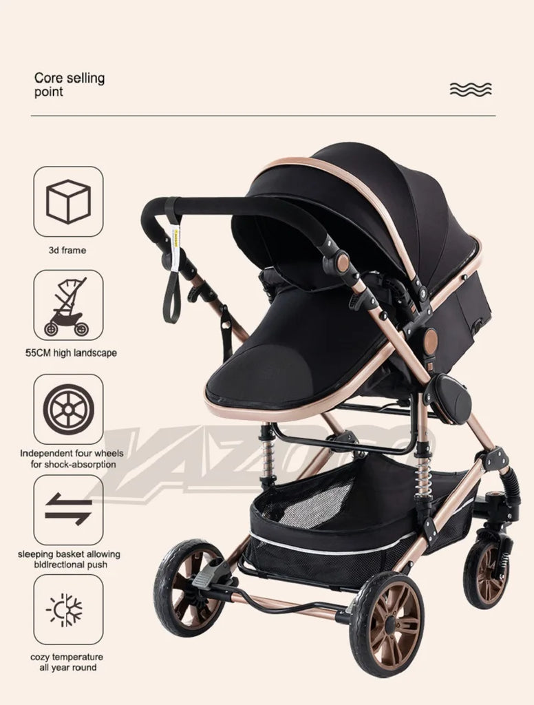 Luxurious 3 in 1 Baby Stroller Portable Travel Baby Carriage Folding Prams Aluminum Frame High Landscape Car for Newborn Baby BLACK
