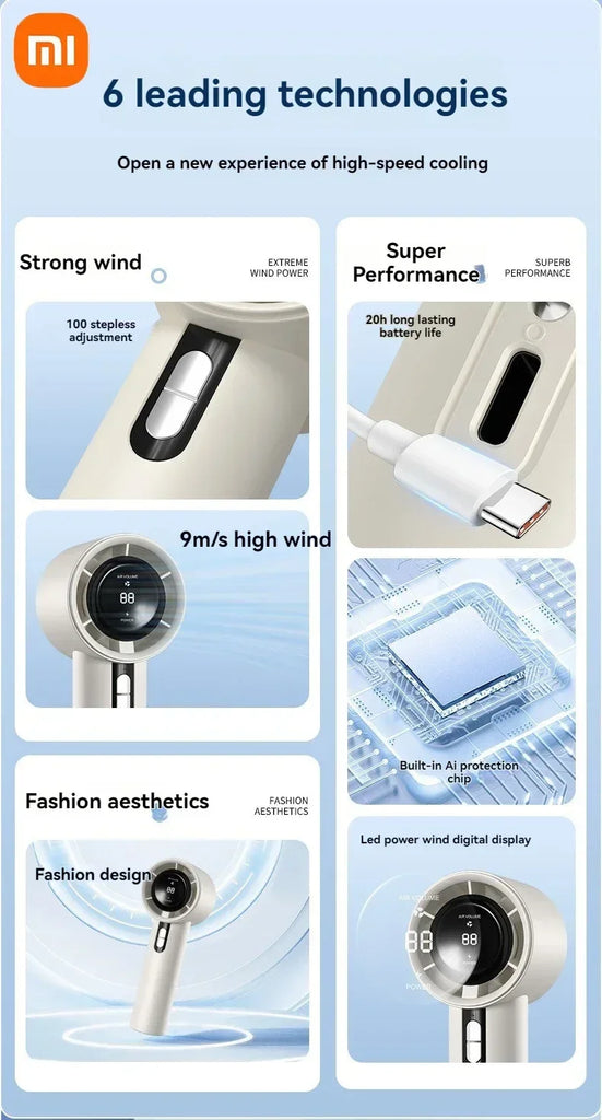 Xiaomi Ultra Silent Handheld Fan, 100 Speed USB Rechargeable Portable Mini Turbo Fan with LED Indicator for Office and Traveling