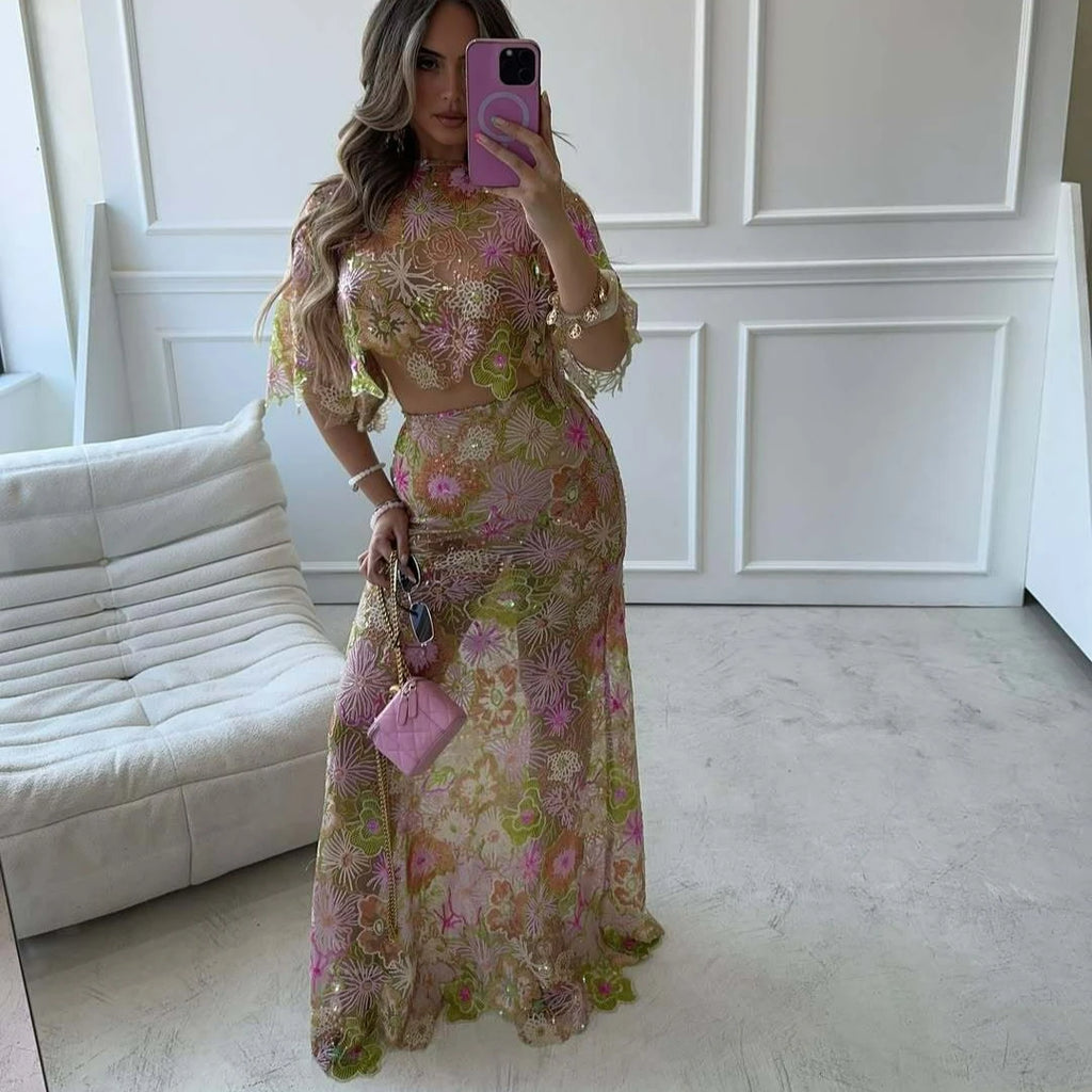 Women's Sequins Beach Skirt Sets Sexy Mesh See Through Slim Holiday Outfits Long Sleeve Fashion Club Party Two Piece Set 2025