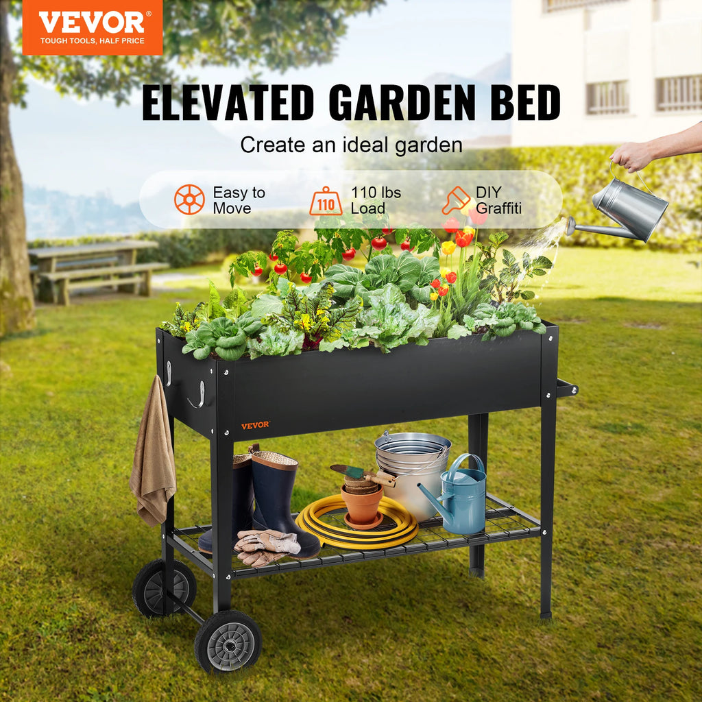 VEVOR Raised Garden Bed, 42.5 x 19.5 x 31.5 inch Galvanized Metal Planter Box, Elevated Outdoor Planting Boxes with Legs, Black