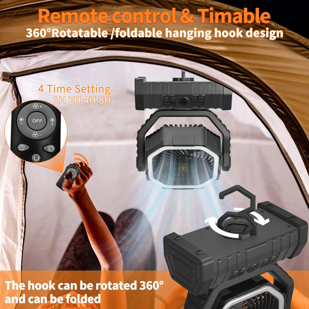 Portable USB Rechargeable Camping Fan Wireless Handheld Cooling Fan with Hook 270° Rotatable Head 10000mAh 20000mAh