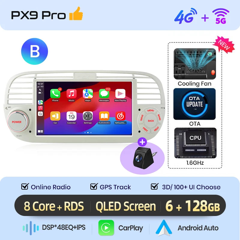 AWESAFE Wireless CarPlay for Apple Android 13 Auto Radio for FIAT 500 Abarth 2007 2008 2009-2015 Multimedia Screen Stereo GPS