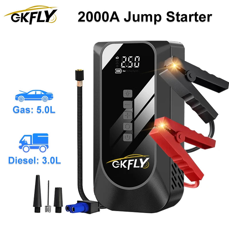 2000A Car Jump Starter Air Pump Multi-Function 4 In 1 Air Compressor Power Bank Car Battery Starter Starting Auto Tyre Inflator