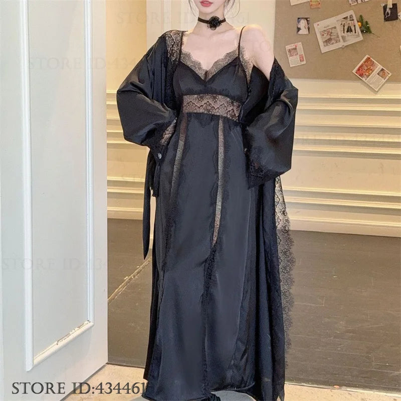 Women Long Twinset Robe Set Sexy Lace Trim Wedding Bathrobe Kimono Gown Sleepwear Elegant Ice Silk Nightgown Loungewear Homewear