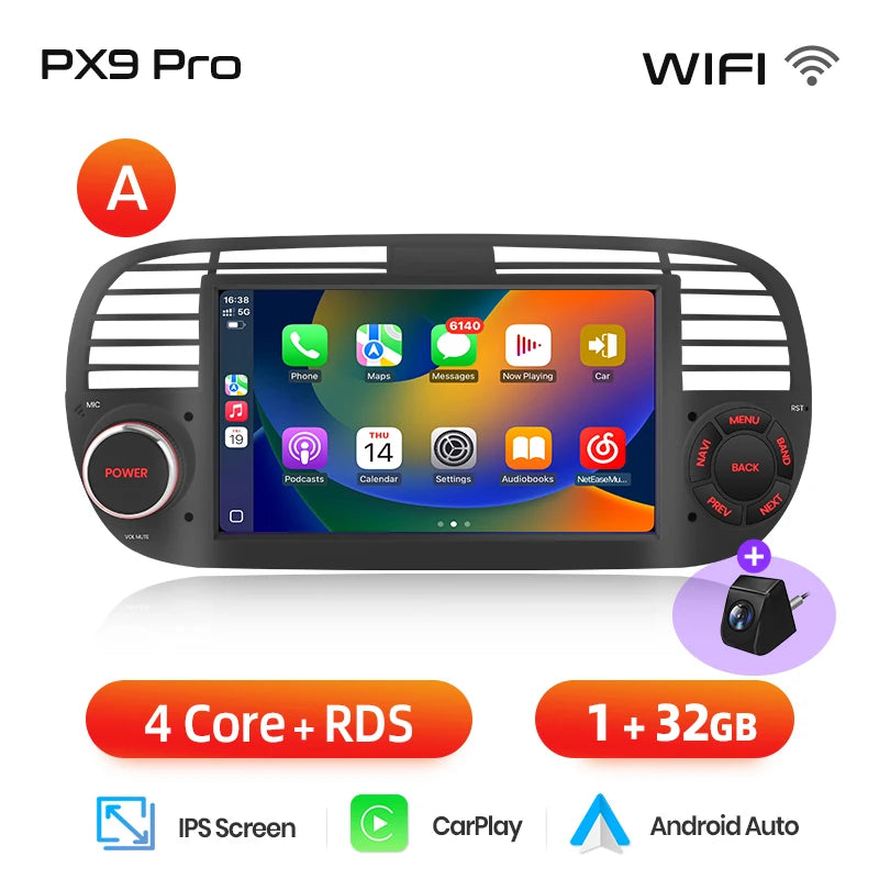 AWESAFE Wireless CarPlay for Apple Android 13 Auto Radio for FIAT 500 Abarth 2007 2008 2009-2015 Multimedia Screen Stereo GPS