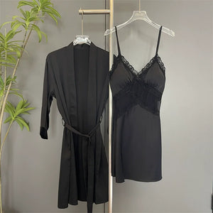 Sexy Female Nighty&Robe Set Lingerie Spring Summer Bathrobe Nightgown Two Piece Set Loose Silk Satin Home Dress Lounge Wear