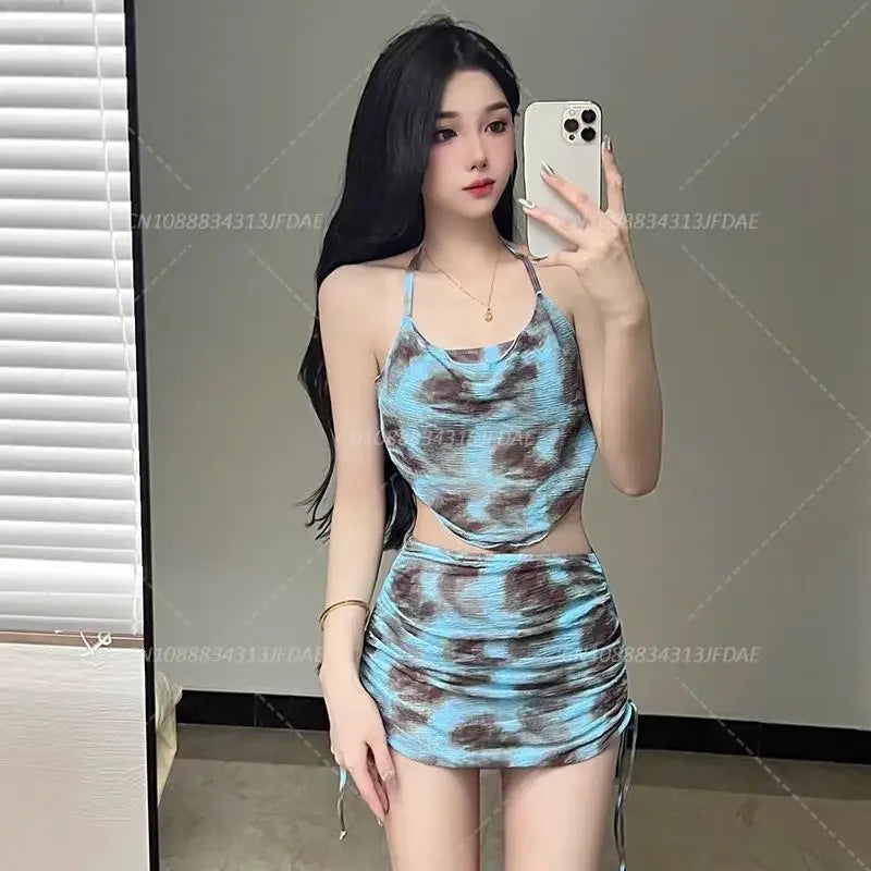 Sexy Women Floral Printed Bathing Suits with Beach Skirt Halter Bikinis Set Lady Push Up Swimsuit Swimwear Beachwear