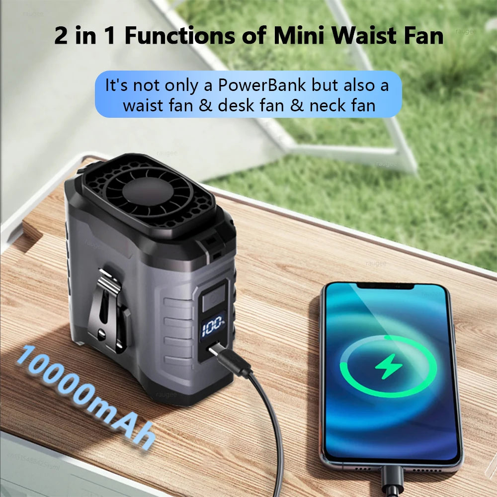 Waist Fan Mini Rechargeable Portable Fan with 10000mAh Power Bank USB Fan Wireless Fan for Sports Outdoor Working