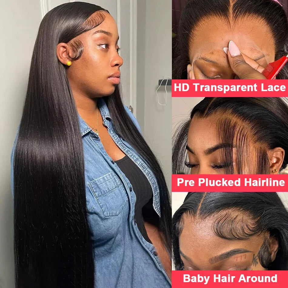 250 Density Straight 13x6 HD Black Lace Frontal Wigs 5x5 Glueless 30 40 Inch 13x4 Lace Front Human Hair Wig Bone Closure Wear Go