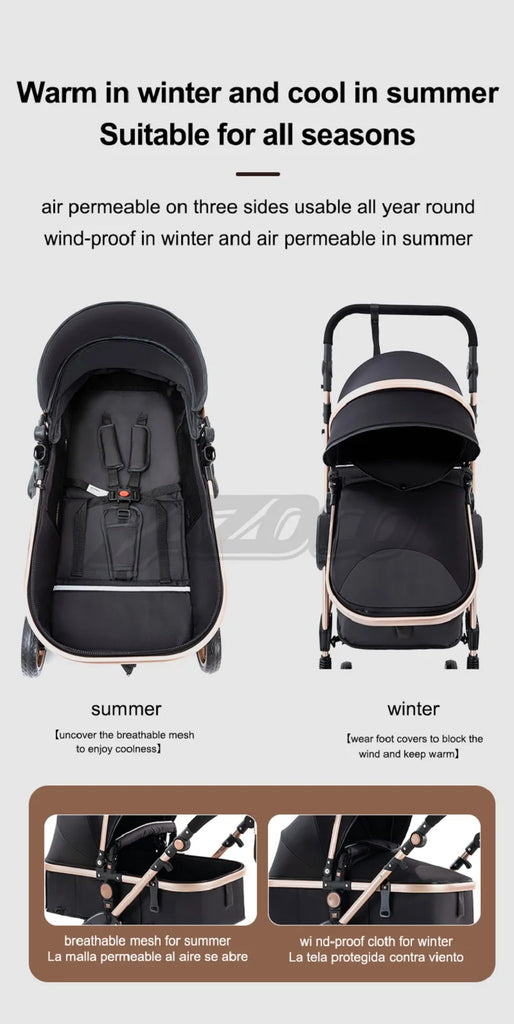 Luxurious 3 in 1 Baby Stroller Portable Travel Baby Carriage Folding Prams Aluminum Frame High Landscape Car for Newborn Baby BLACK