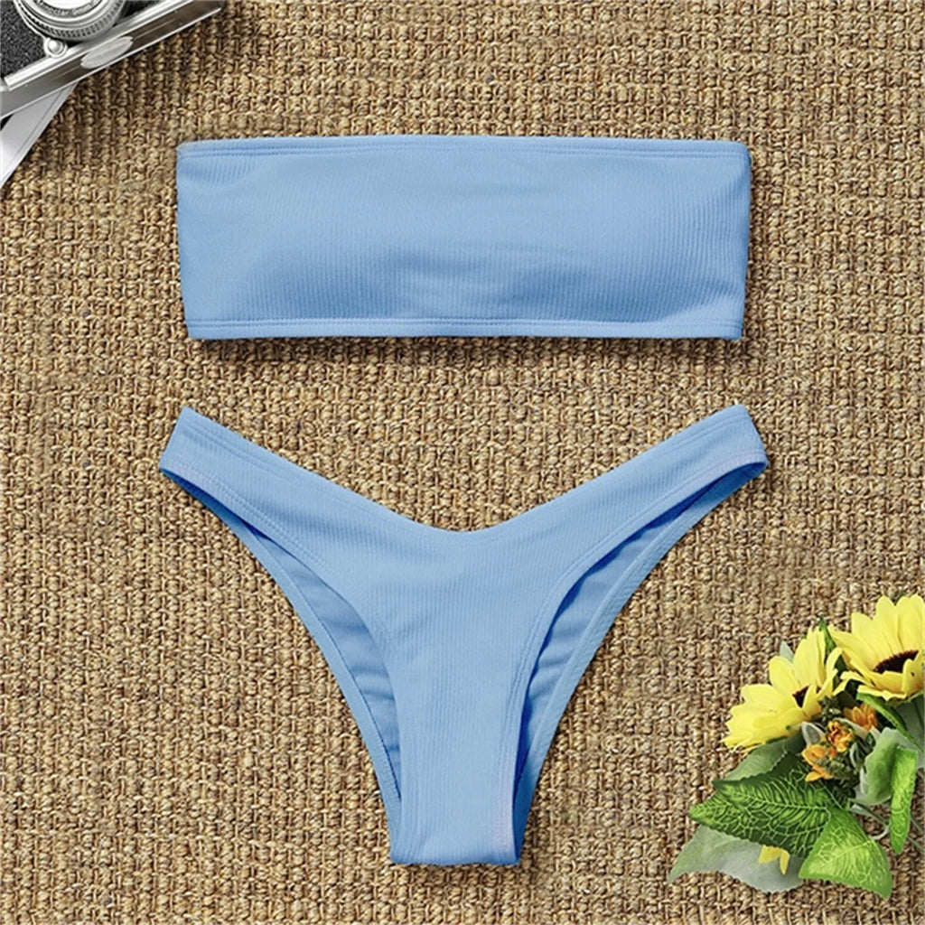 Sexy Textured Bikini 2024 Bandeau Swimsuit Women Swimwear Push Up Bikini Set Solid Bathing Suit Beach Wear Biquini Female