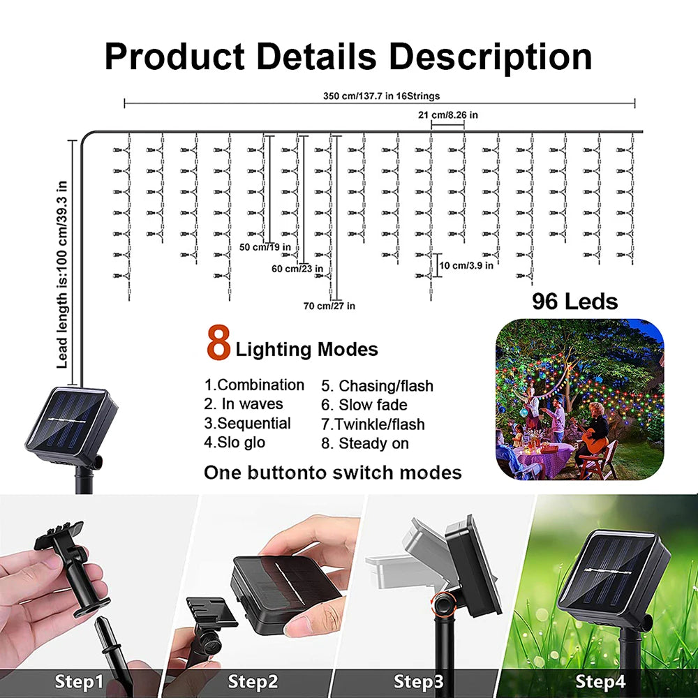 NEW 2024 Christmas Decorations Lights Solar Icicle Curtain Lights 8 Modes Outdoor Waterproof Garden Party New Year Decoration