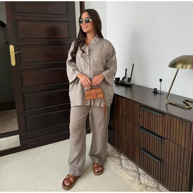 Women Vintage Solid Loose Pants Suit Lapel Single Breasted Long Sleeve Shirt Wide Leg Pants 2 Pcs Set 2025 New Ladies Streetwear