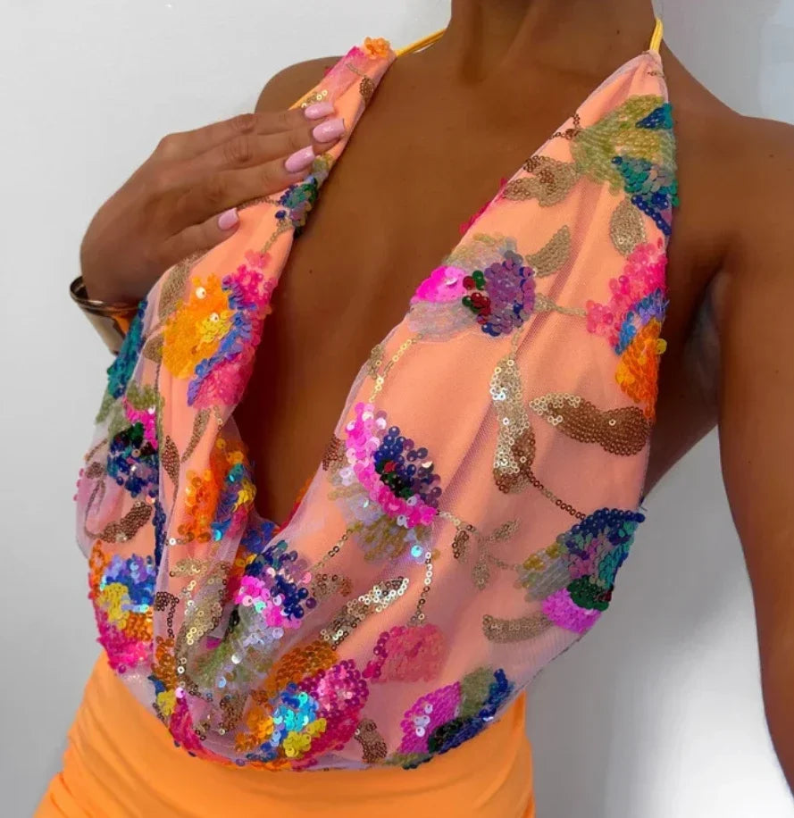 Sexy Sequined Halter Skirt Set Women Sleeveless Lace Up Tops Hip Package A-line Skirts 2025 Summer Lady Chic Party Beach Outfits