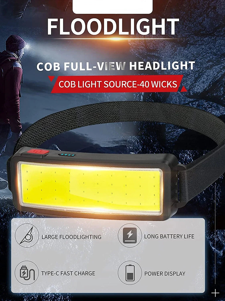 Powerful COB Headlamp Type-c/USB Rechargeable Head Flashlight Built-in Battery Outdoor Fishing Camping Lantern Waterproof Torch