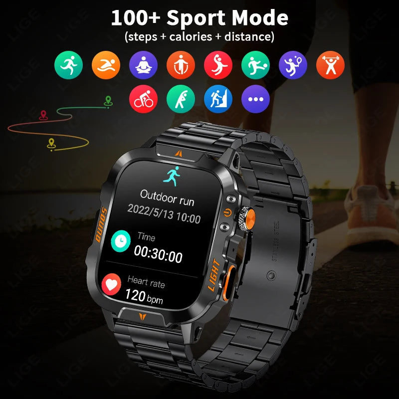 LIGE New Outdoor Military Smart Watch Men 420mAh LED Flashlight Heart Rate Sleep Health Monitoring Sport Fitness Smartwatch 2025