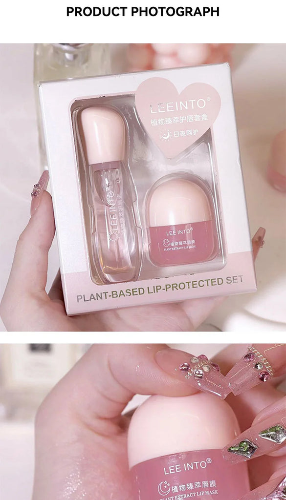 Leeinto Plant Essence Lip Care Set: Moisturizing, Long-Lasting Nourishment, Gentle Formula, Lightweight Texture, Lip Gloss, Lip Mask, Enhances Complexion, Pre-Makeup Primer, Essential for Daily Commuting and Dating, Night Car