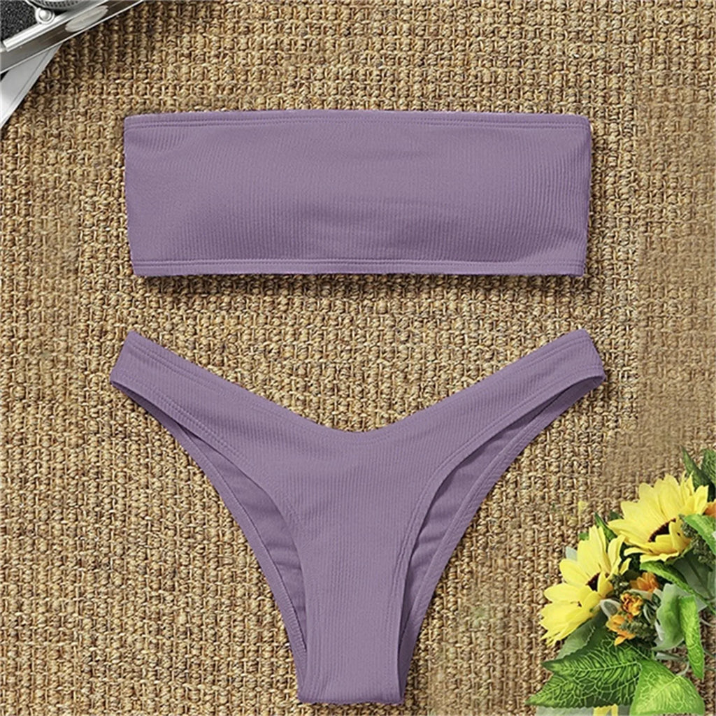 Sexy Textured Bikini 2024 Bandeau Swimsuit Women Swimwear Push Up Bikini Set Solid Bathing Suit Beach Wear Biquini Female
