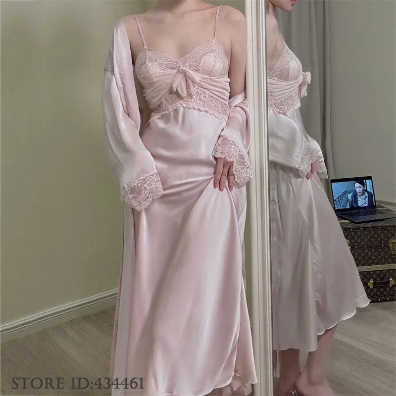 Women Long Twinset Robe Set Sexy Lace Trim Wedding Bathrobe Kimono Gown Sleepwear Elegant Ice Silk Nightgown Loungewear Homewear