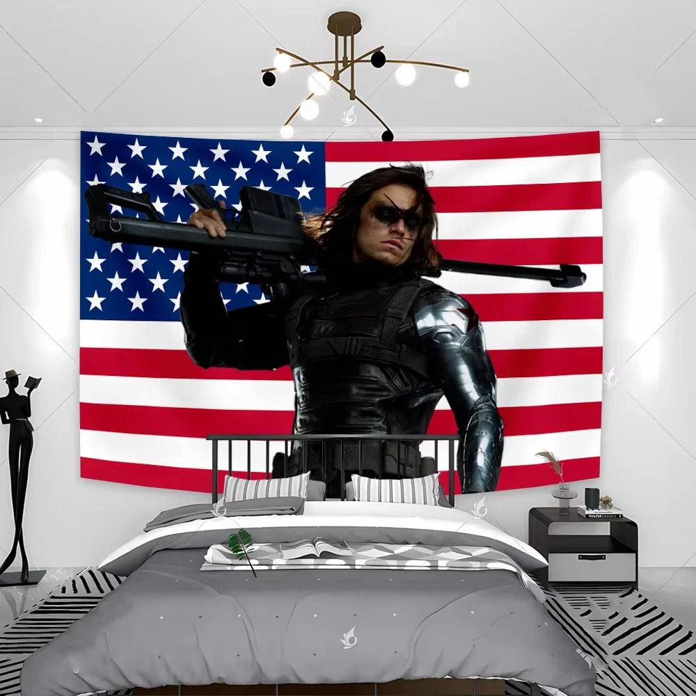 Bucky Barnes Flag Tapestry Pink American Flags Banner Aesthetic Wall Art Decor Bedroom Home Decor Background Cloth Festival Gift