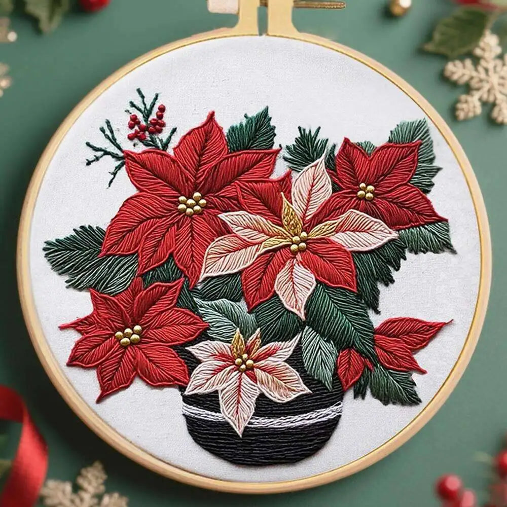 1set Embroidery Kits Flower With Hoop Needlework Suitable Beginners Pattern Floral Thread DIY Handmade Home Decor