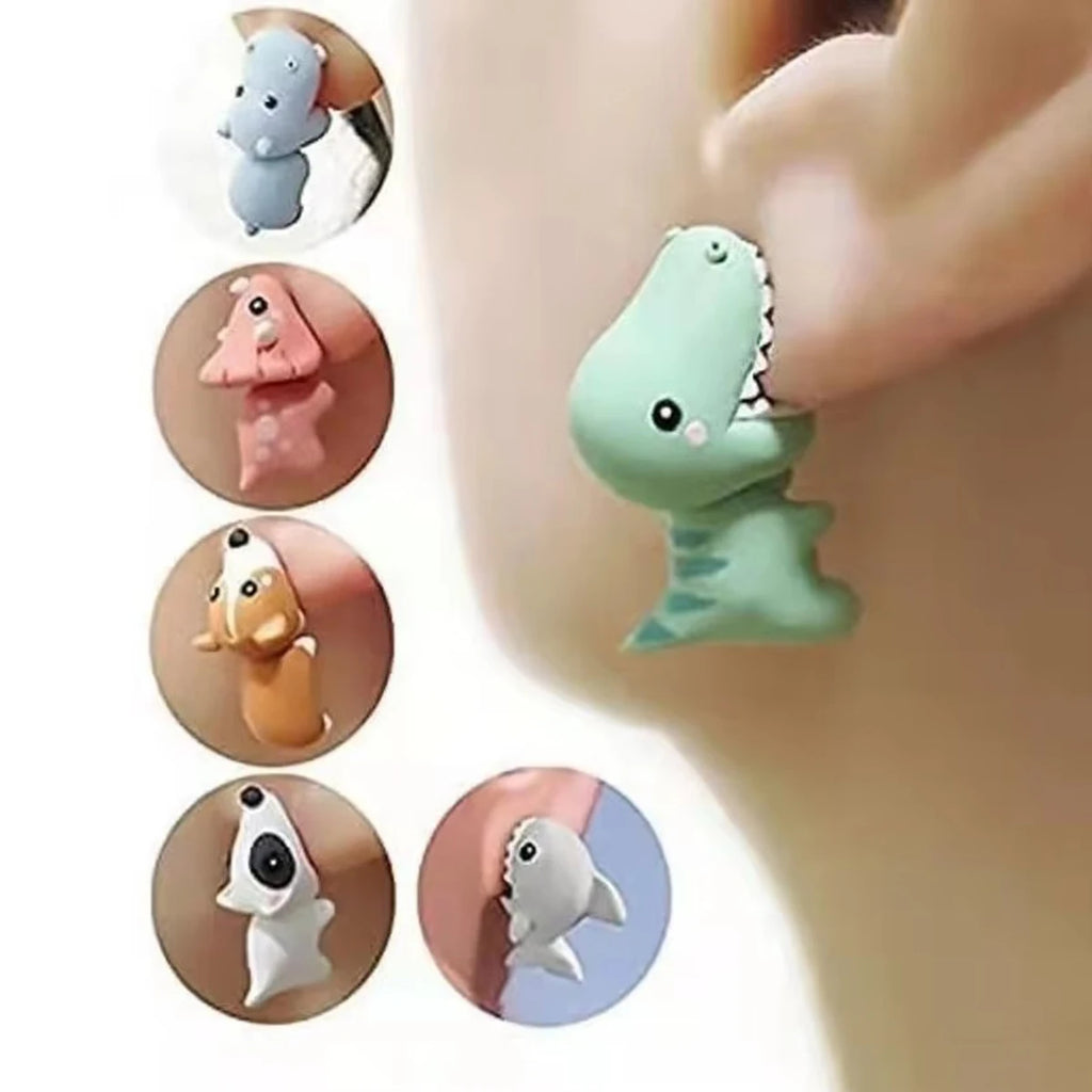 2pcs/1pair Animal Cartoon Stud Earring For Women Cute Dinosaur Little Dog Whale Clay Bite Ear Jewelry Funny Gifts Fashion