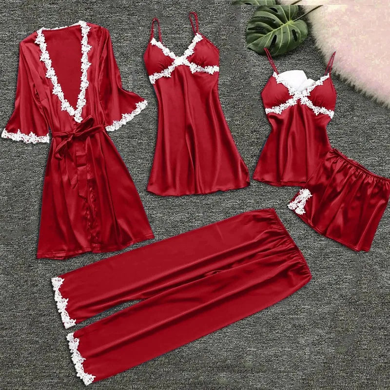 Ladies Underwear Women'S Sexy Nightgown Set 5-Piece Women Sexy Garter Lingerie Set Robes Lace Bodysuit Deep-V Neck Underwear