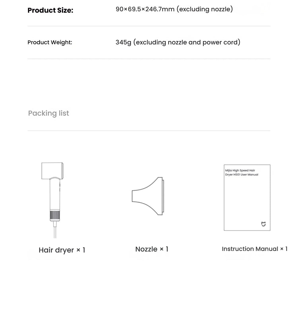 XIAOMI High Speed Hair Dryer H501 Negative Ion Hair Care 110000 Rpm Dry 220V CN Version (With EU Adapter) 62m/s wind speed