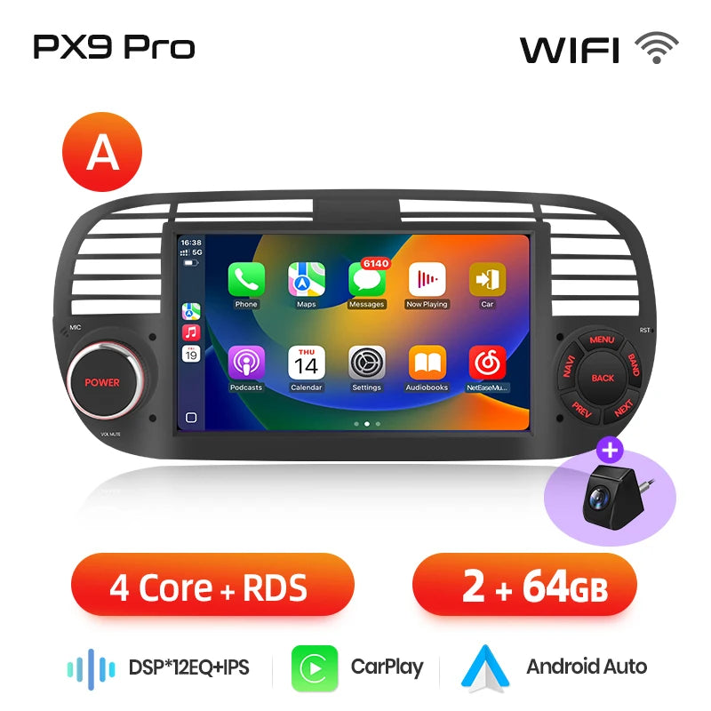 AWESAFE Wireless CarPlay for Apple Android 13 Auto Radio for FIAT 500 Abarth 2007 2008 2009-2015 Multimedia Screen Stereo GPS