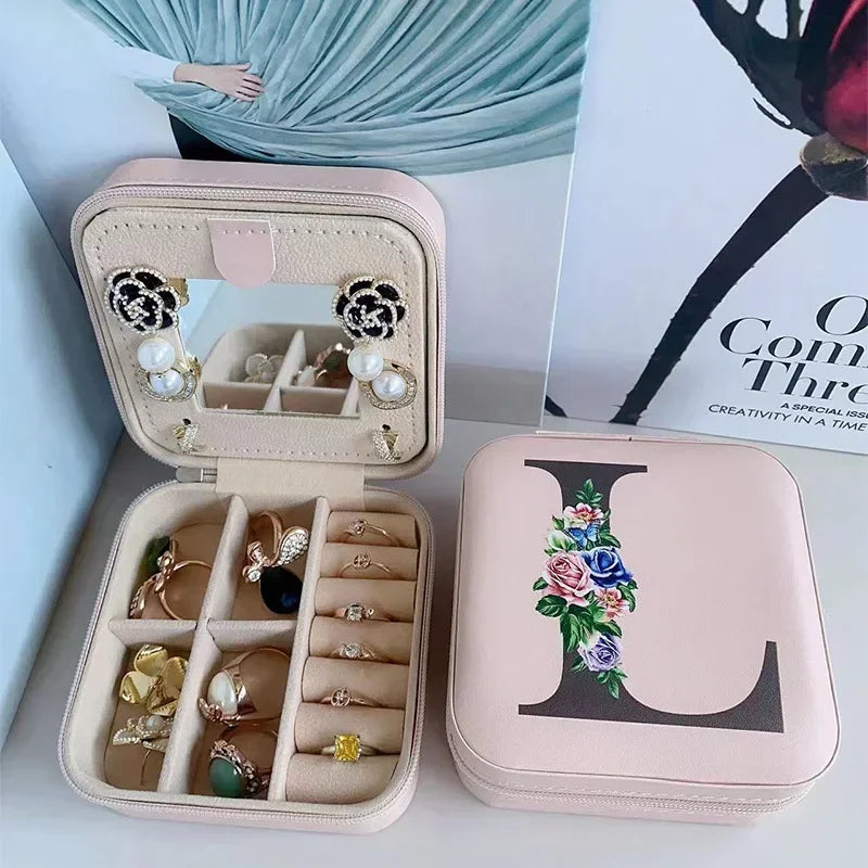 Flower&alphabet Jewelry Box Ring Boxes Travel Leather Jewellery Case Letter Print Bridesmaid Proposal Birthday Christmas Gift