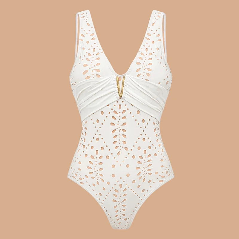 Women Bikini Set Swimsuit Sexy V Neck Solid Color Laser Cutting Flower Swimsuit Beachwear Luxury Summer Beachwear Dress