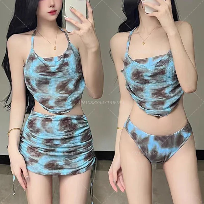 Sexy Women Floral Printed Bathing Suits with Beach Skirt Halter Bikinis Set Lady Push Up Swimsuit Swimwear Beachwear