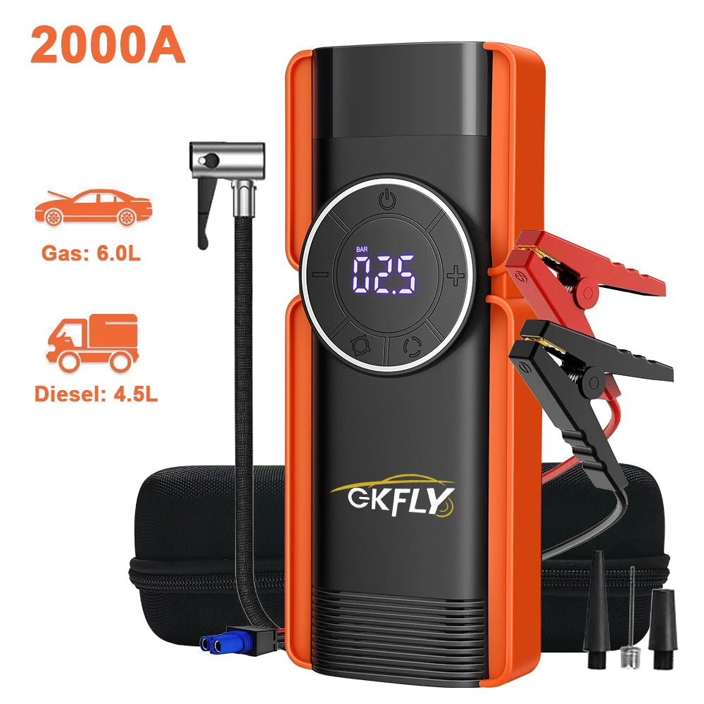 2000A Car Jump Starter Air Pump Multi-Function 4 In 1 Air Compressor Power Bank Car Battery Starter Starting Auto Tyre Inflator