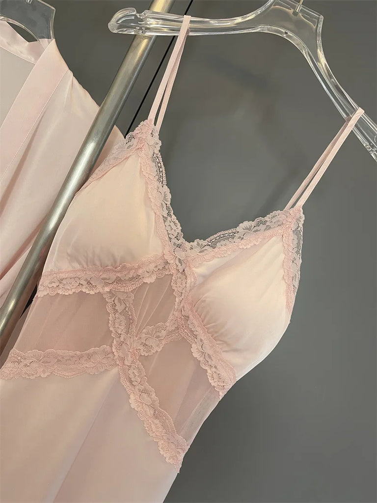 Sexy Female Nighty&Robe Set Lingerie Spring Summer Bathrobe Nightgown Two Piece Set Loose Silk Satin Home Dress Lounge Wear