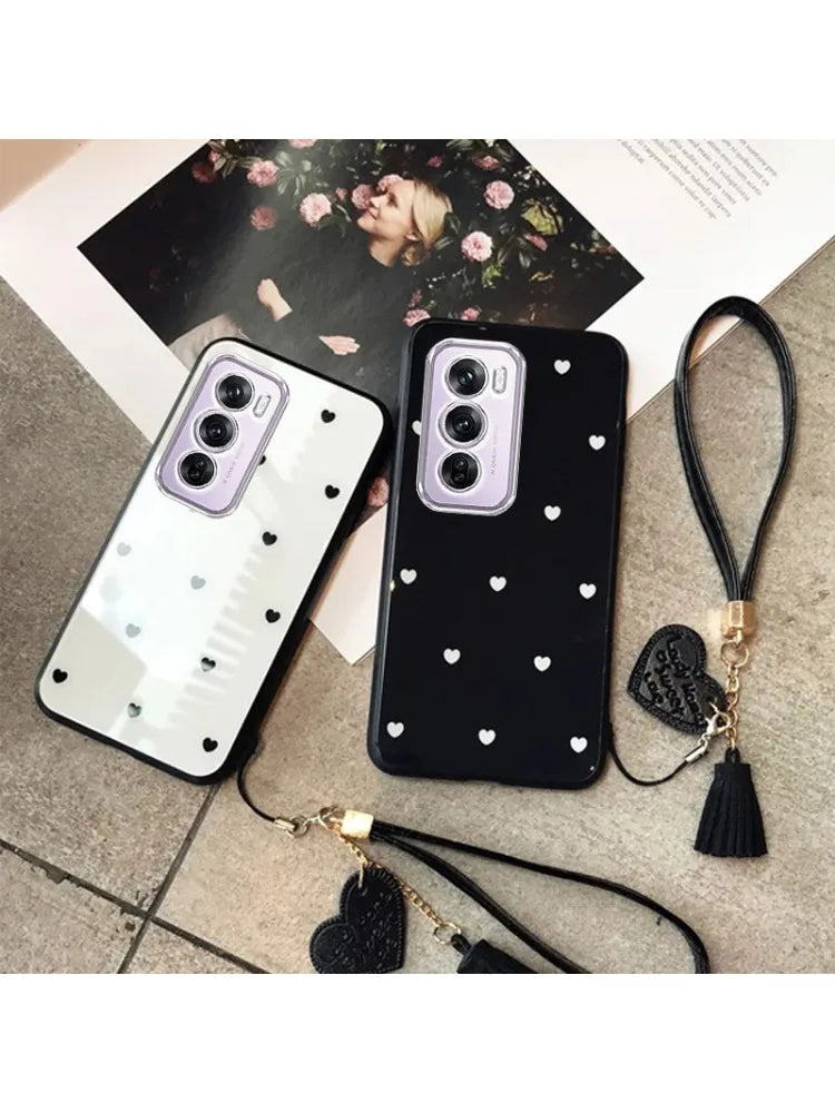 For Oppo A80 5G A40 4G A40M Case Small Love Heart Hard Glass Cover for OPPO A60 A3X A3 Pro Schockproof Tassel Wrist Phone Case