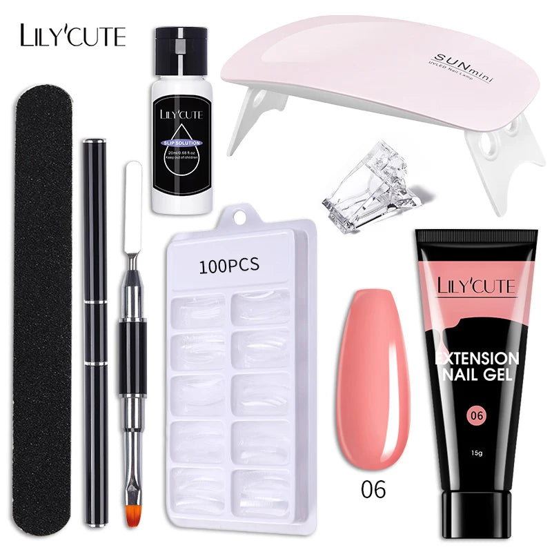 LILYCUTE 15ml Nail Extension Gel Kit Soak Off UV Gel Acrylic White Clear Pink Gel Nail Polish LED Lamp Manicure Set For Nail Art