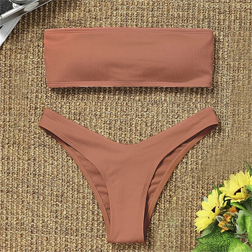 Sexy Textured Bikini 2024 Bandeau Swimsuit Women Swimwear Push Up Bikini Set Solid Bathing Suit Beach Wear Biquini Female