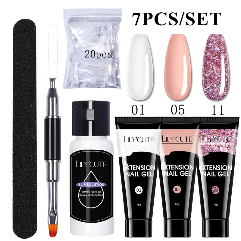 LILYCUTE 15ml Nail Extension Gel Kit Soak Off UV Gel Acrylic White Clear Pink Gel Nail Polish LED Lamp Manicure Set For Nail Art
