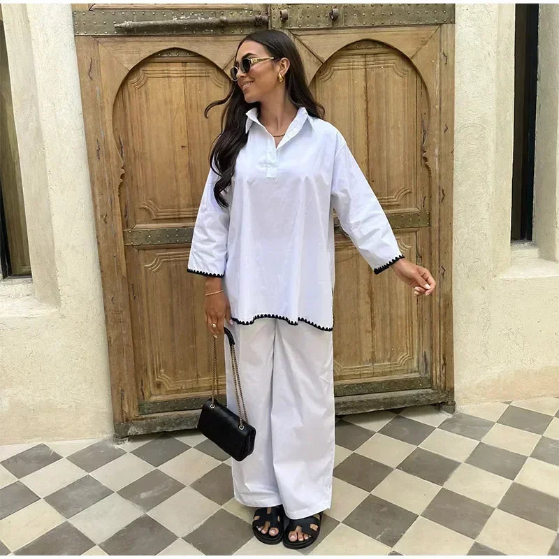 Women Vintage Solid Loose Pants Suit Lapel Single Breasted Long Sleeve Shirt Wide Leg Pants 2 Pcs Set 2025 New Ladies Streetwear