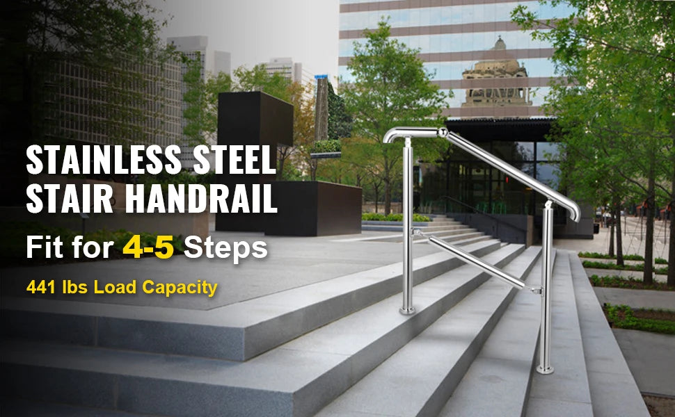 SucceBuy 3-5 Step Railing Stainless Steel Transitional Handrail Fit For Level Surface Adjustable Stair Railing Safely Downstairs