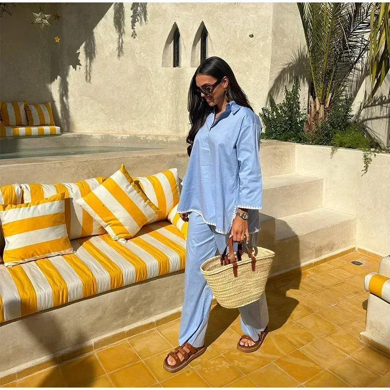 Women Vintage Solid Loose Pants Suit Lapel Single Breasted Long Sleeve Shirt Wide Leg Pants 2 Pcs Set 2025 New Ladies Streetwear